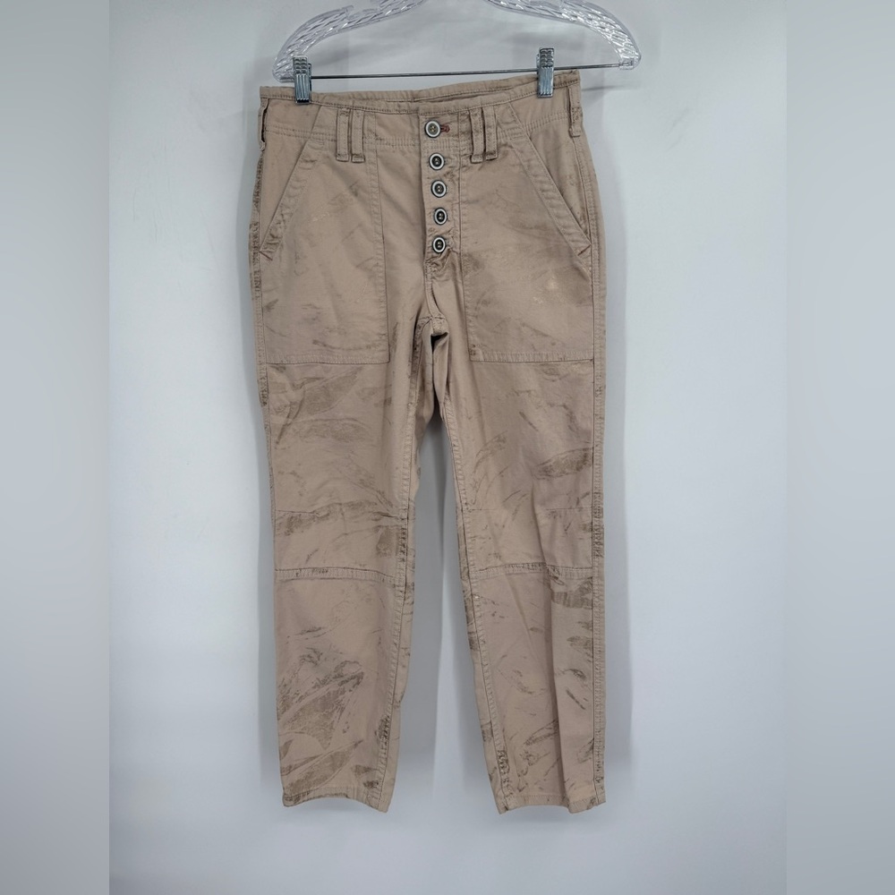 Anthropologie The Wanderer Tan‎ and Gold Foil Utility Pants Jeans Size 27